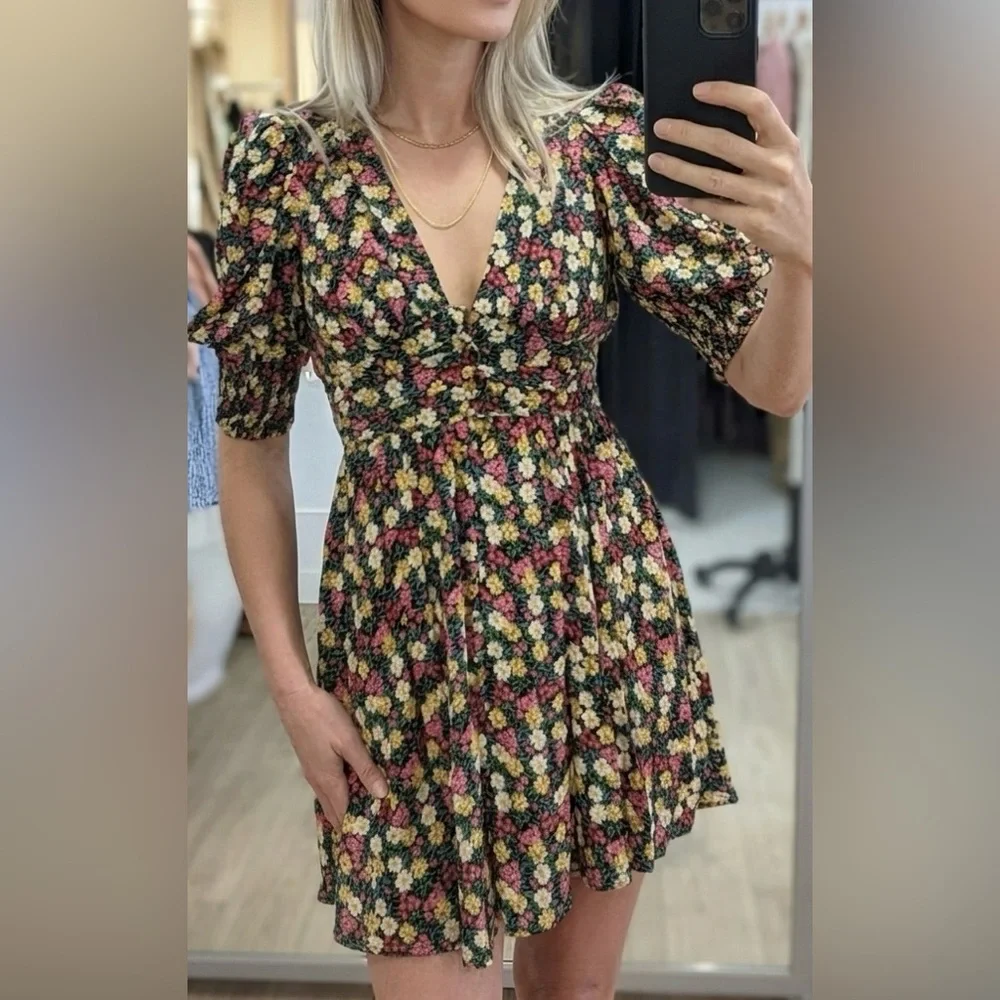 Zara Floral V-Neck Mini Dress Blogger Favorite Metallic XS Cottagecore - Picture 2 of 13